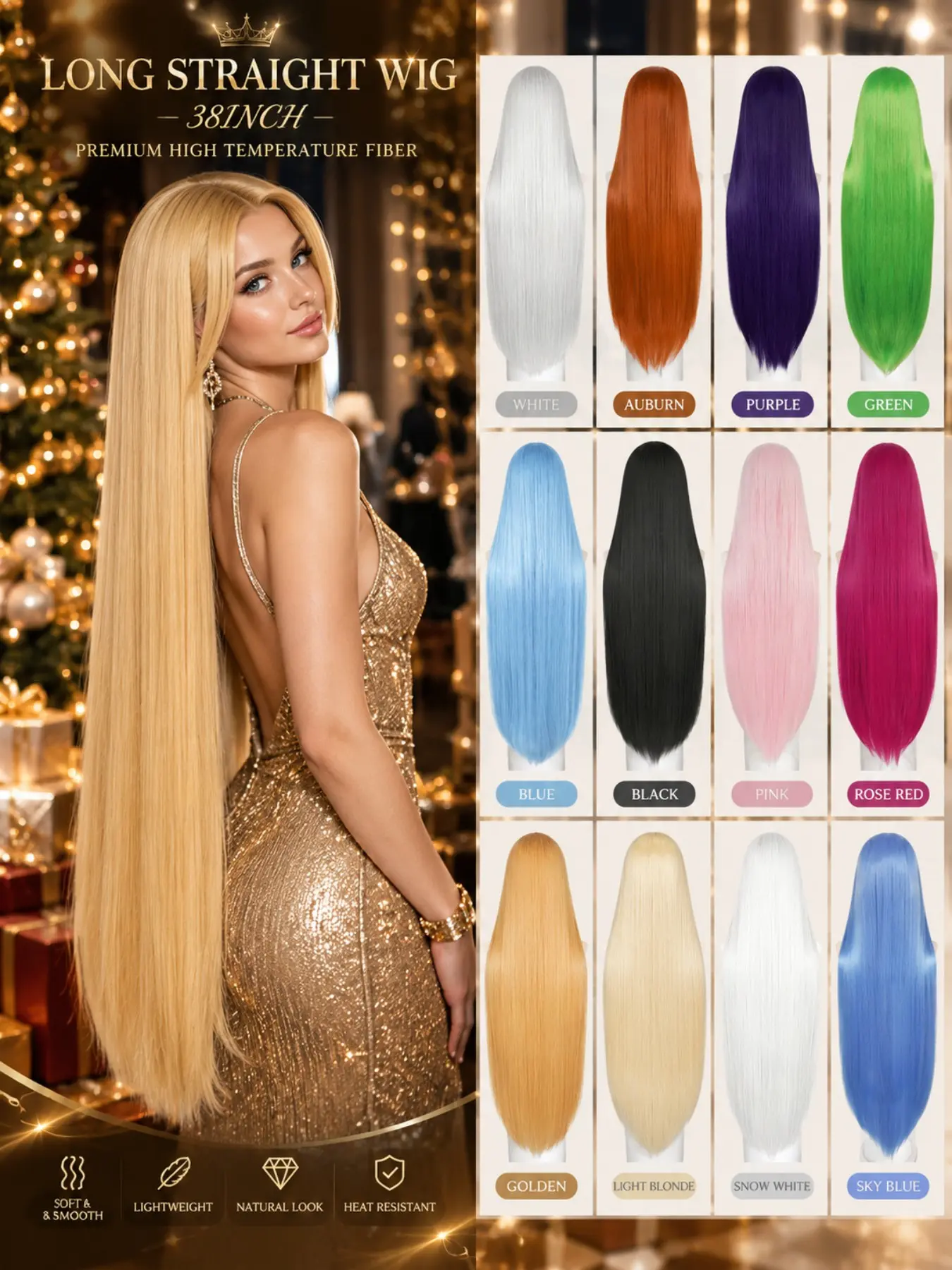 Extra Long Party Wig, Silky Solid Color High Temperature Fiber, Glam Long Hair for Christmas, New Year, Carnival, Cosplay, Nightclub