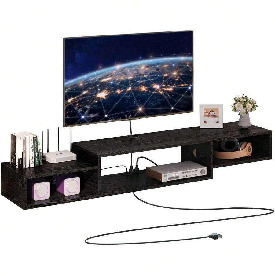 Classic 59" Wall-Mounted TV Stand, Floating TV Shelf with LED Lights and Power Outlet for Cable Box Audio Video, Living Room Bedroom Indoor Furniture (Black/Brown), Wall Mount Classic 59" Wall-Mounted TV Stand, Floating TV Shelf with LED Lights and Power Outlet for Cable Box Audio Video, Living Room Bedroom Indoor Furniture (Black/Brown), Wall Mount