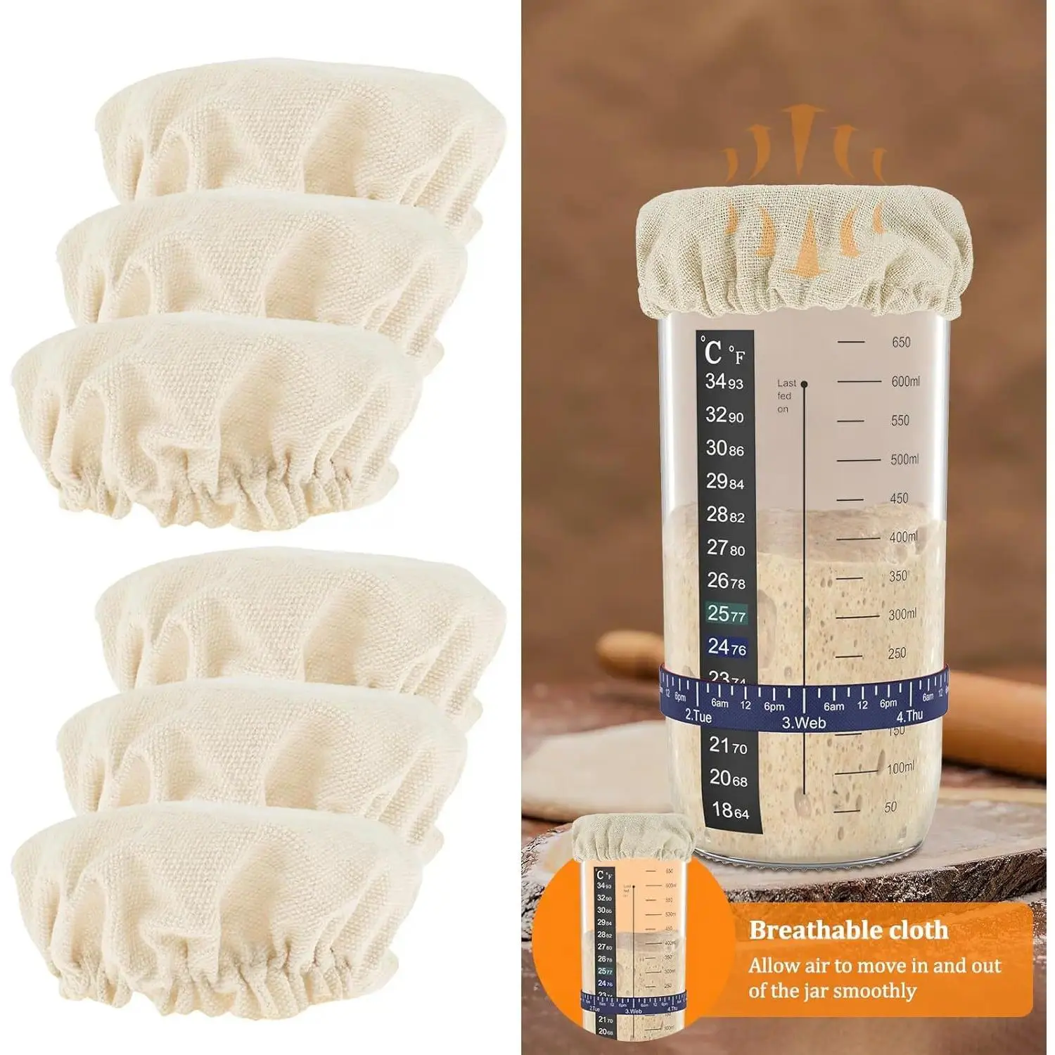 6Pcs Sourdough Starter Jar Cloth Covers – Elastic Fabric Fermentation Jar Lids, 3"-4" Fit, Reusable & Breathable Air Circulation, Multipurpose Cloth Covers for Glass Jars – Essential Bread Baking Accessories
