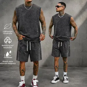 Men’s summer washed distressed cotton athletic tank top and shorts set; casual loose beach shorts with a waist cincher and pockets; mood-inspired 2000s style; suitable for running, golf, fishing, basketball, camping, gym, swimming.
