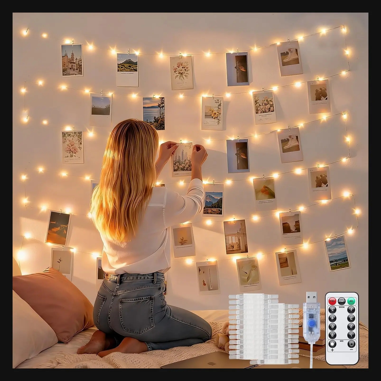 100LED 33ft Photo Clips String Lights with 50 Clips, USB Plug in, Remote, 8 Modes Picture Lights for Wall Bedroom Classroom Dorm Wedding Decor, Teen Girl GiftsGift