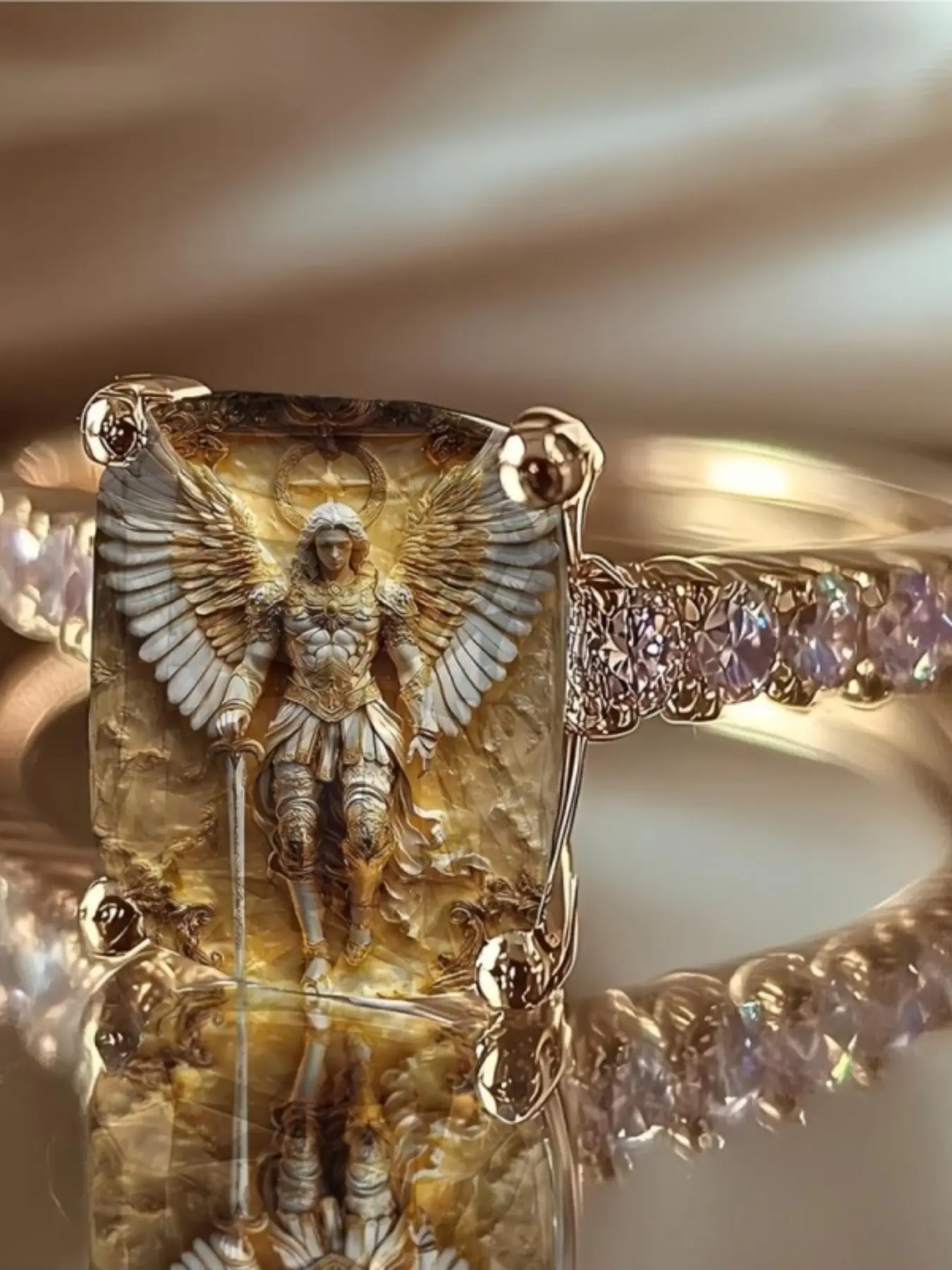 Retro relief large angel icon printed square ring, featuring an artistic scene of a sword-wielding guardian angel, symbolizing peace and protection, a niche and atmospheric decorative jewelry for daily commemoration and gifting among faith enthusiasts