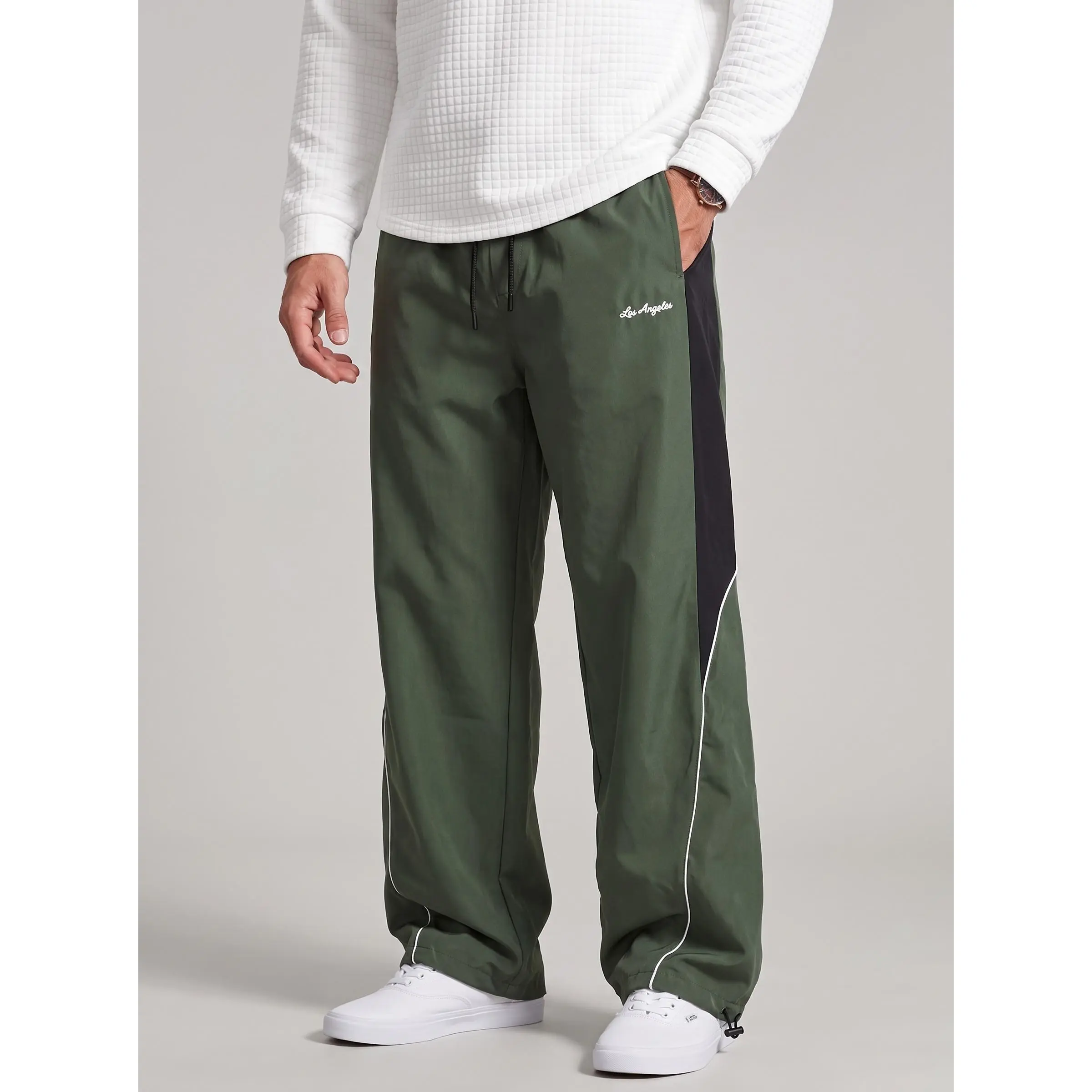 KZZ Men’s Straight-Leg Pants - Casual Sports Style, Patchwork, Colour-Blocked, Striped Design