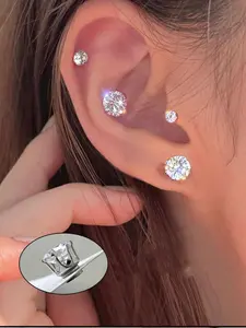 Six Prong Round Clear Cz Diamond Magnetic Clip on Earrings, No Piercing, Multi Size, Dainty Sparkly, Stackable, for Women