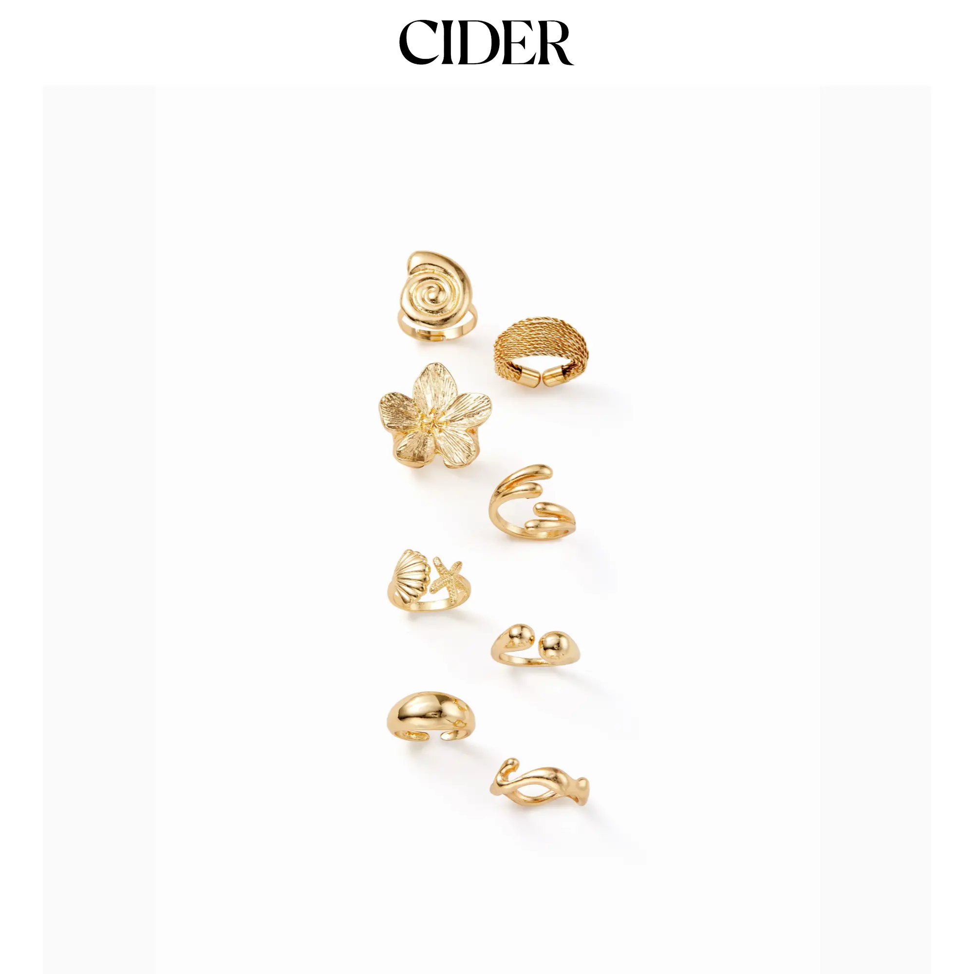 Cider 8 PCS SHELL & STARFISH & FLORAL RING SET
