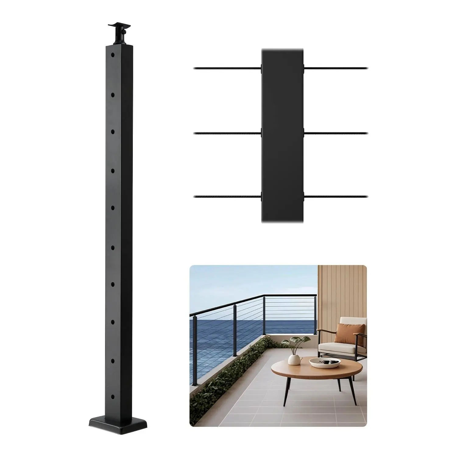 【DealsForYouDays】VEVOR Cable Railing Post, 36x1x2 Inch Level Deck Stair Posts, 1-Pack Stainless Steel Cable Handrail Post, Pre-Drilled Pickets with Mounting Bracket Stair Railing Kit, Black, 1JZLGZXHS914LZA6X001V0