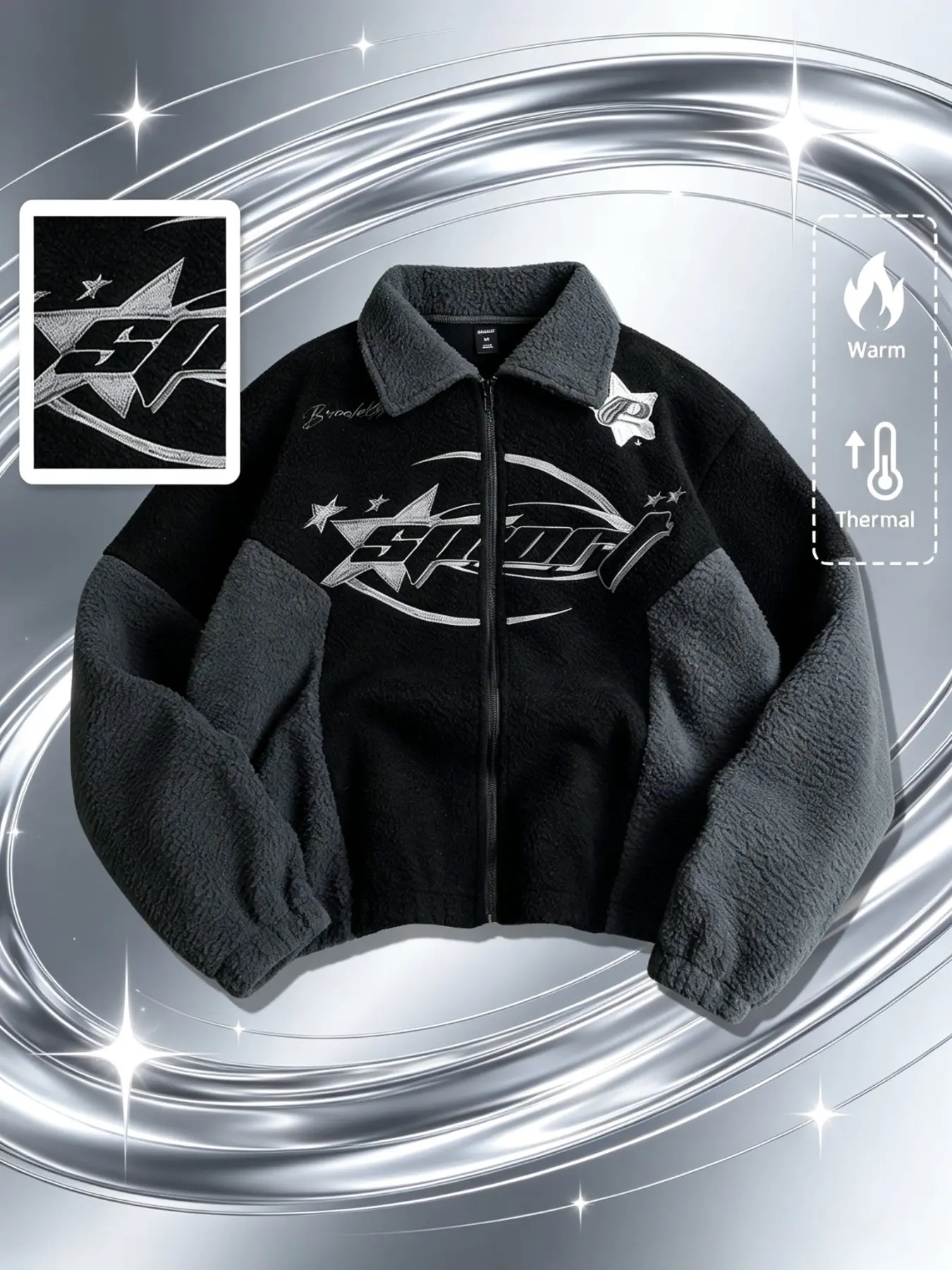 Men's Star and Sport Letter Plush Jacket, Fall Winter Street Style Colorblock Warm Coat, Trendy Outerwear for Men