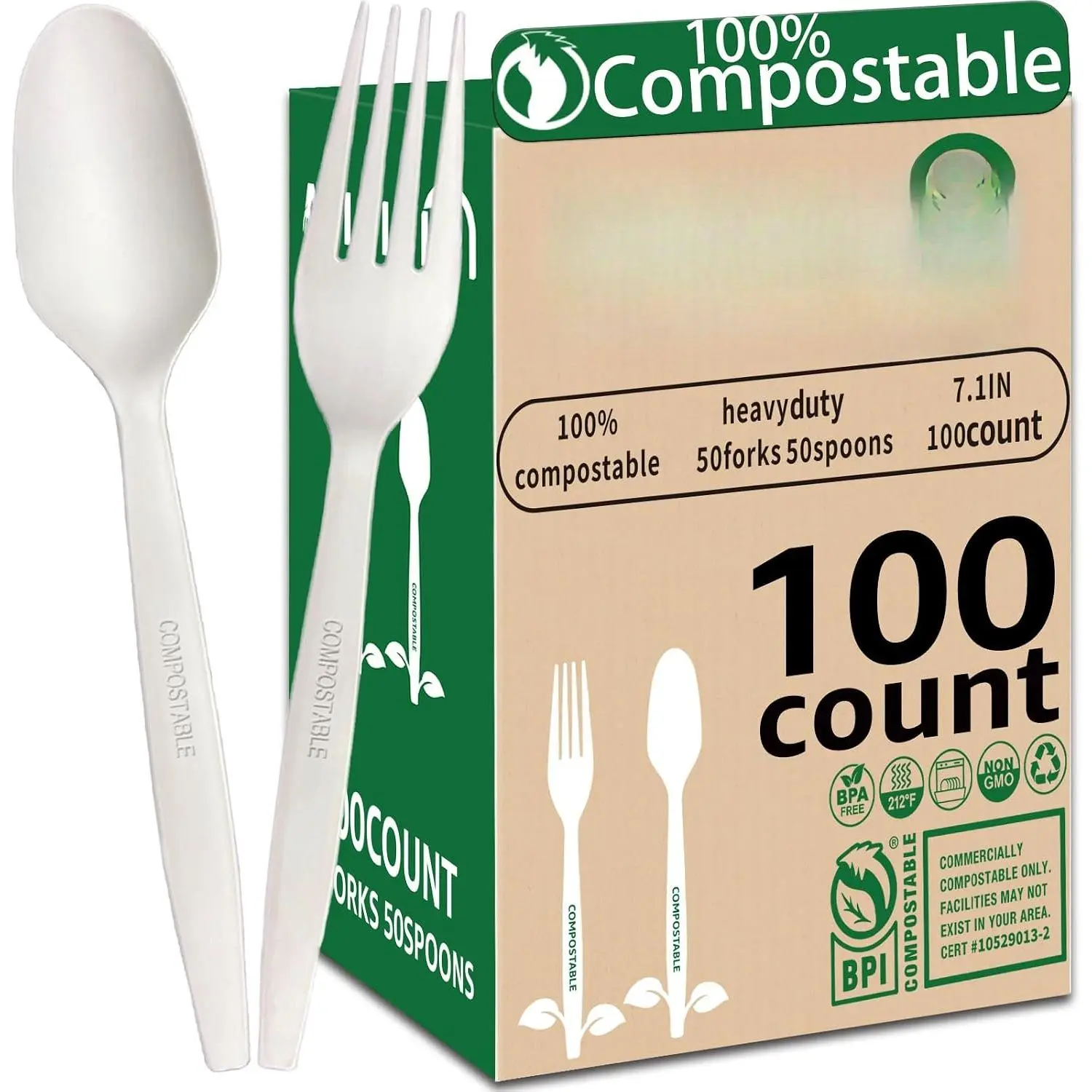 [7.1In 100 count]  Compostable Forks and Spoons  Forks and Spoons HeavyDuty No Plastic Fork and Spoon  HeavyWeight Disposable Forks and Spoon Flatware Set