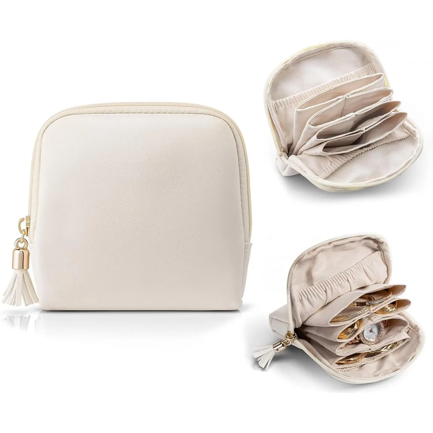 White Mini Travel Organizer Bag - Pu Leather Expandable Multi-Pockets Zipper Pouch, Gifts for Women Teachers, Daily Use Storage Bag for Bracelet, Rings, Earrings, Travel Essentials