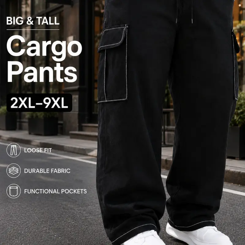Large Size Men's Casual Cargo Pants, Multi-Pocket Design, Solid Color, Ideal for Vacation, Commute, Fitness & Outdoor Activities