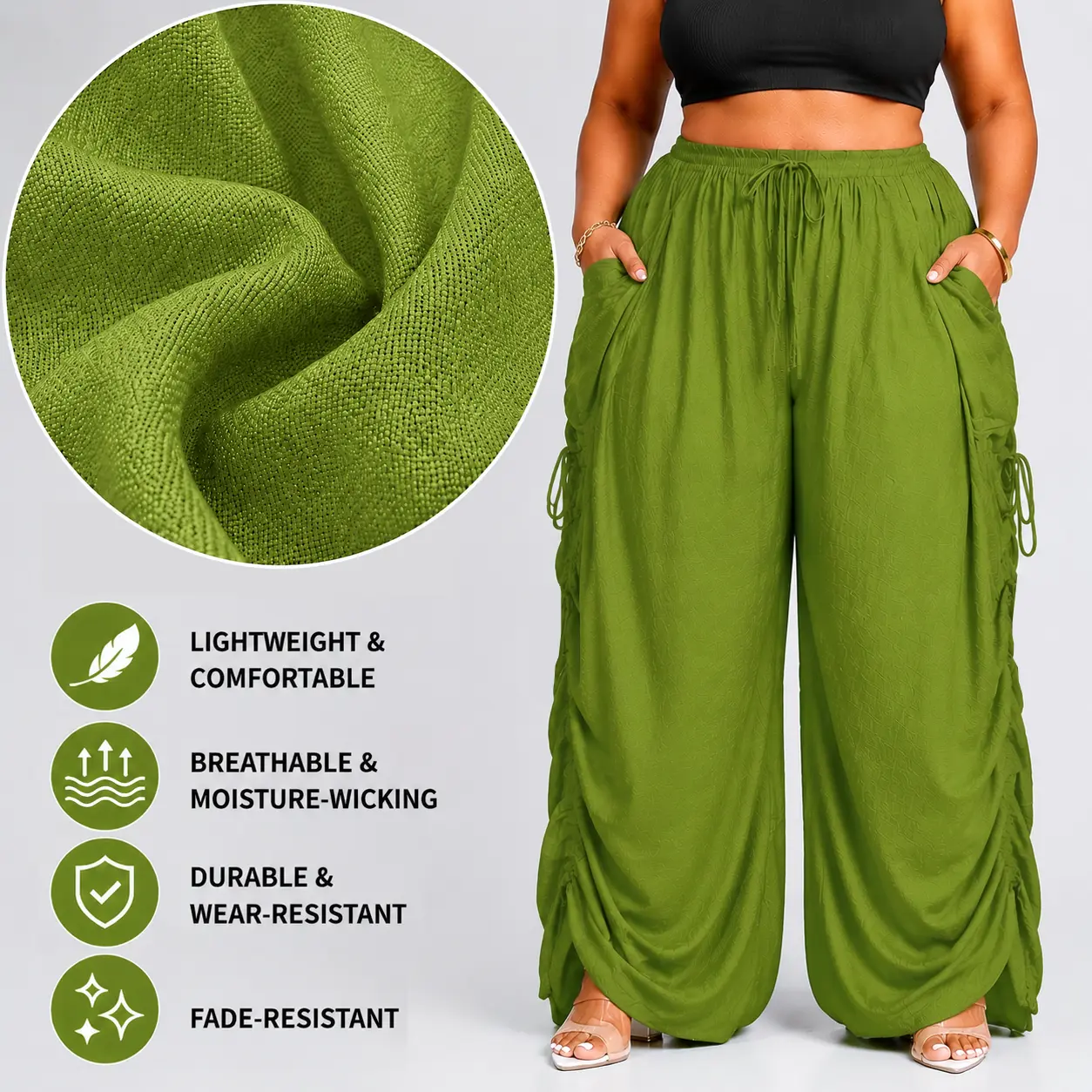 .Women's Plus Size High Waisted Baggy Harem Pants Lightweight Elastic Waist Drawstring Casual Wide Leg Trousers with Deep Pockets Adjustable Ruched Side Loose Fit Parachute Pants Summer Comfy Sweatpants