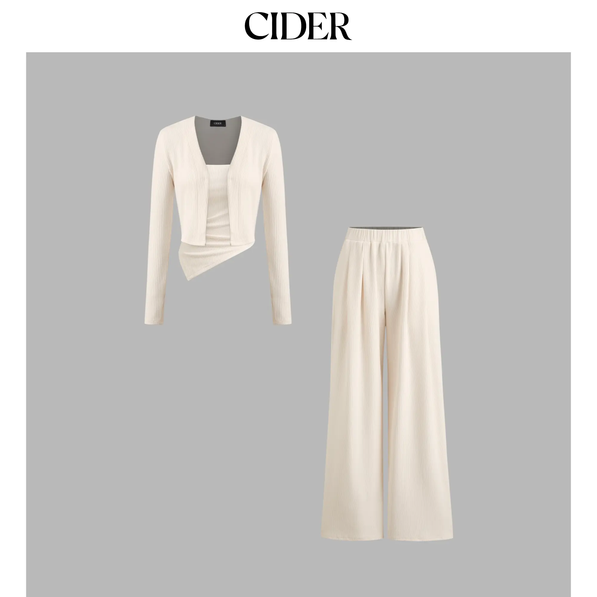 Cider [size 0-26] 3pcs Solid Cardigan & Ruched Tube Top & Mid Rise Elastic Waist Wide Leg Trousers Set