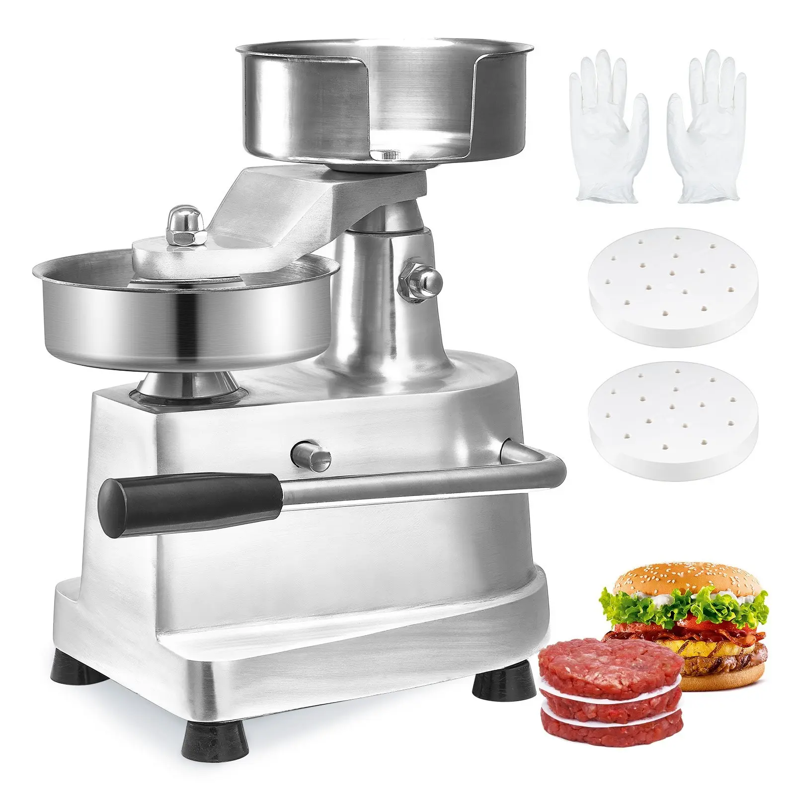 Industrial Grade Burger Patty Making Machine, 130mm/5 Inch Patty Maker for Hamburger Beef, Heavy Duty Food Grade Stainless Steel Bowl Press, Kitchen Meat Forming Processor With 1000 Patty Papers