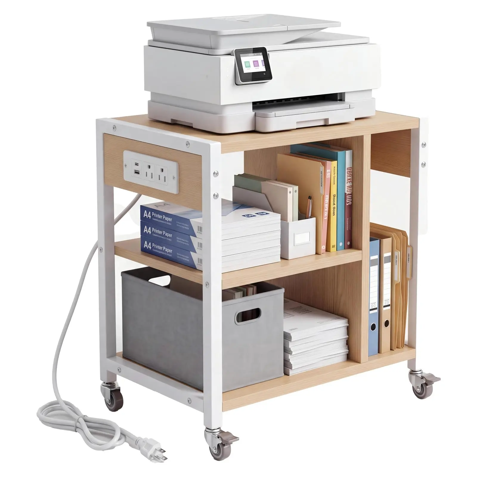 3-Tier Mobile Steel Printer Stand with Wheels Base, Racks & Power Outlet, Rolling Under Desk Storage Cart for Home Office