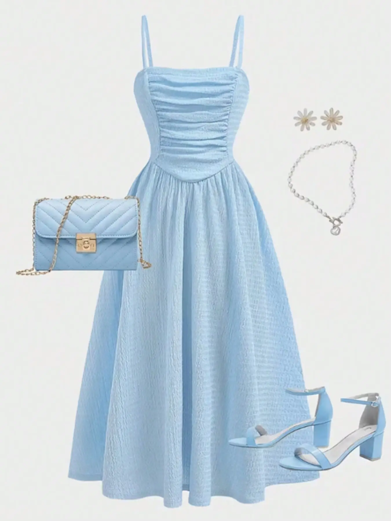 Girls Light Blue Ruched Bust Midi Dress, Sweet Casual Cottage Core Summer Style, Adjustable Spaghetti Straps, A-Line Skirt, Breathable Fabric