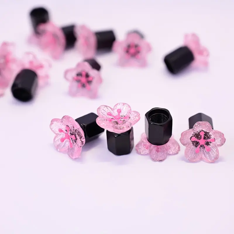 8Pcs Black Valve Stem Caps with Pink Flowers Shiny Petal Tire Valve Caps, Tyre Caps Metal Material for Car Bike Motorcycle Fun Gift for Friends Family Tire Accessory Car Decoration Playful Style Finish Gift Mother's Day Graduation Pra