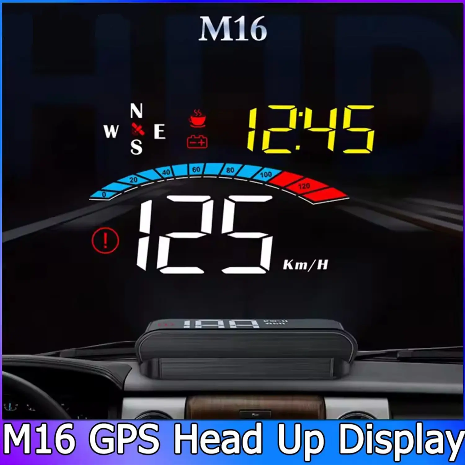 M16 Car Hud Display, GPS Speedometer HD Projector, Windshield Screen Projector, Reflective Film, Warning Function, All Models, Plug-And-Play