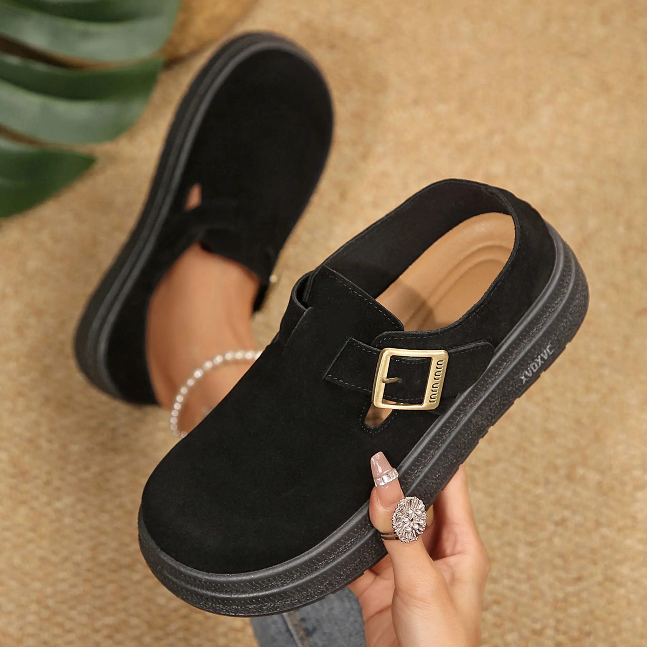 Women's Loafers Vintage Suede Buckle Platform Clogs Potato Shoes All-Match Women's Footwear