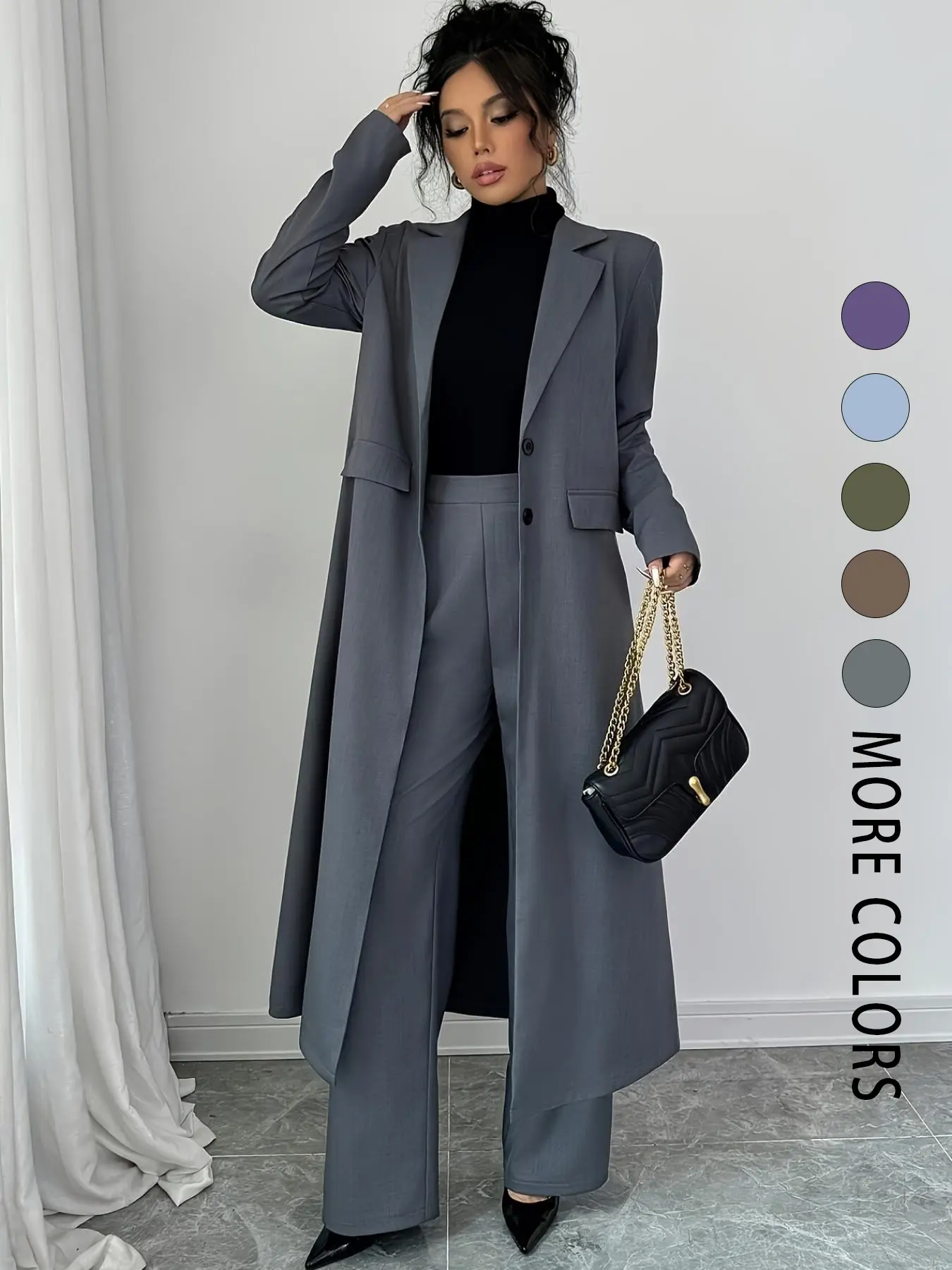 Two piece women's casual long suit jacket and pants set, suitable for autumn and winter, suitable for home, indoor, and outdoor wear