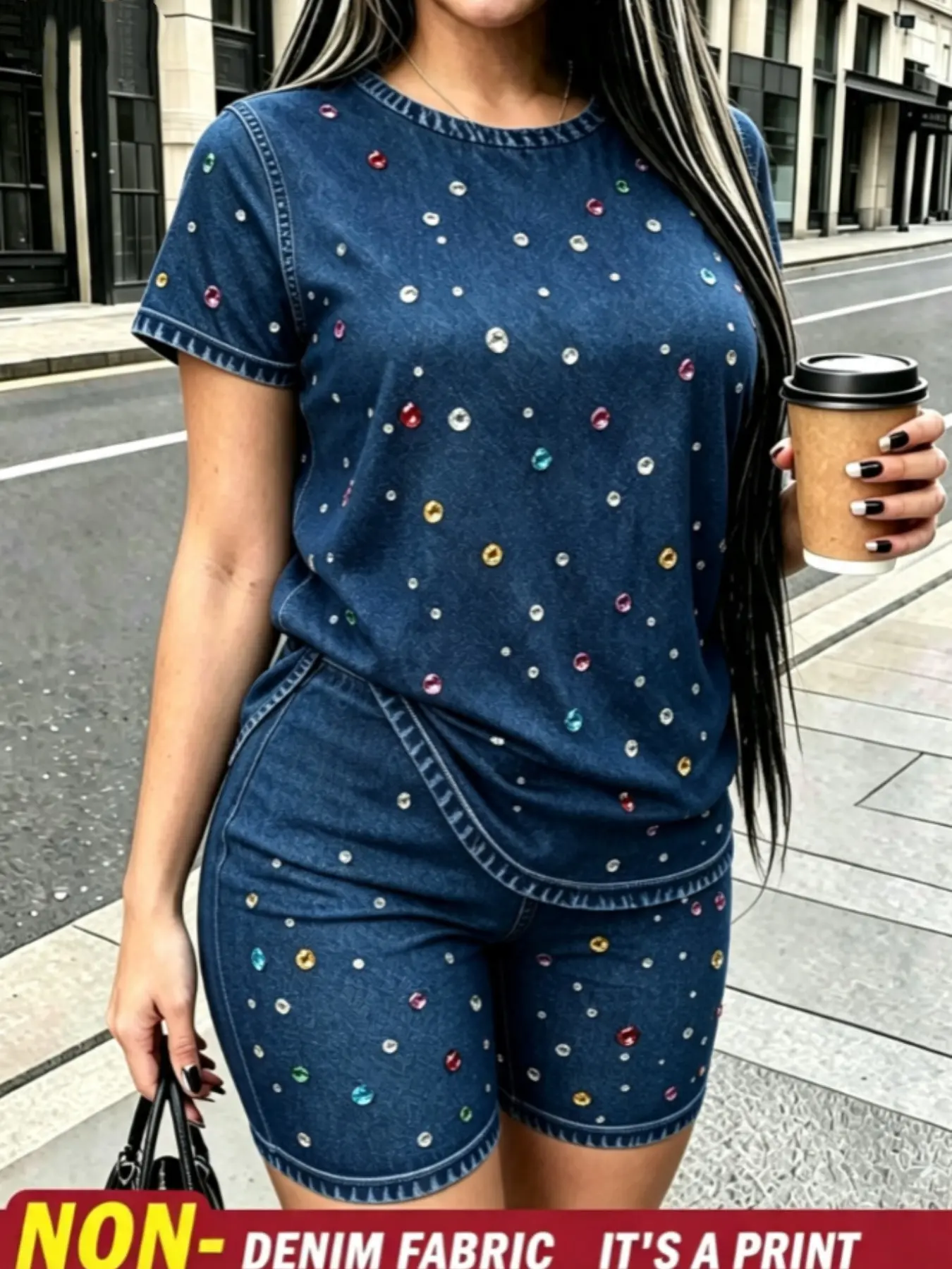 Women's Two-Piece Set, Denim Short Sleeve T-Shirt & Shorts, Colorful Rhinestone Print, Casual Summer, Loose-Fitting, All Seasons