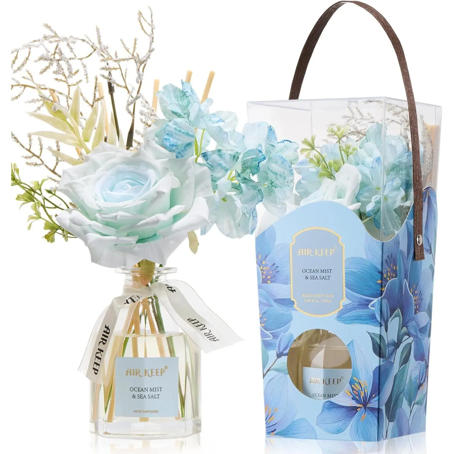 Airkeep Flower Reed Diffuser Set, Ocean Mist&Sea Salt Diffuser Gift Set,4.06 fl oz Essential Oil Sticks Diffusers for Bathroom Air Freshener, Aromatherapy Home Fragrance Shelf Decor, Gift for Women