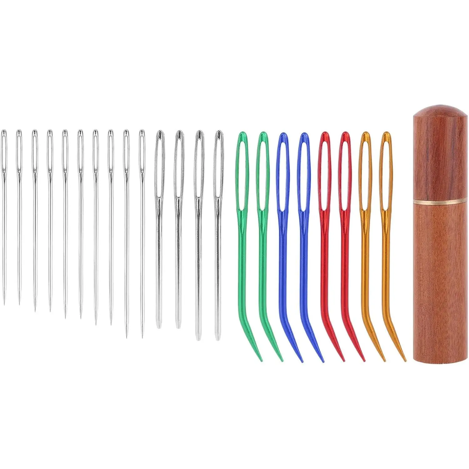 24 count Large Eye Sewing  Kit, Stainless Steel Blunt Darning & Bent Tapestry &  Hand Knitting  with Wooden Case for Crochet Darning Yarn and Embroidery Projects