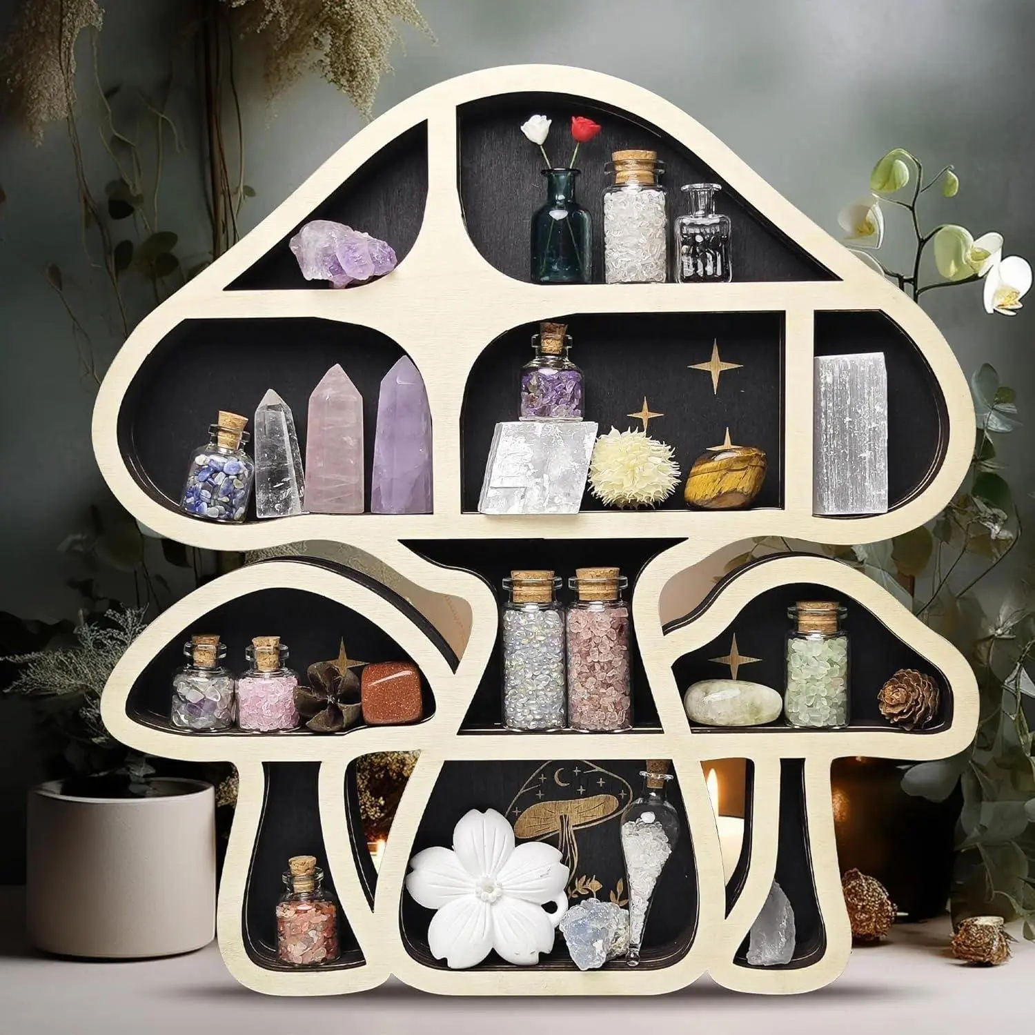 Wooden Mushroom Wall Shelf - Cute Space Saving Wall Mounted Storage Rack Organizer, Creative Home Decor for Living Room Bedroom