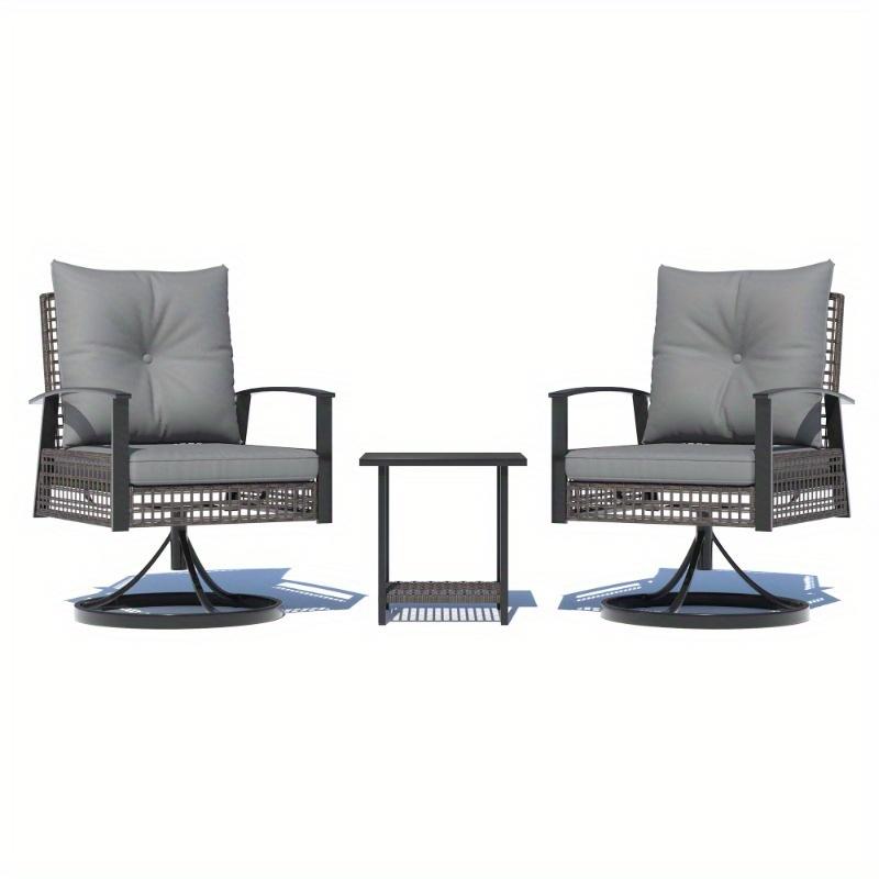 Outdoor Swivel Rocker Chair Set, 360° Rattan Patio Bistro Set of 3 with 2 Chairs, Coffee Table & Thickened Cushions, Weather-Resistant Design for Porch, Backyard, Balcony, Gray