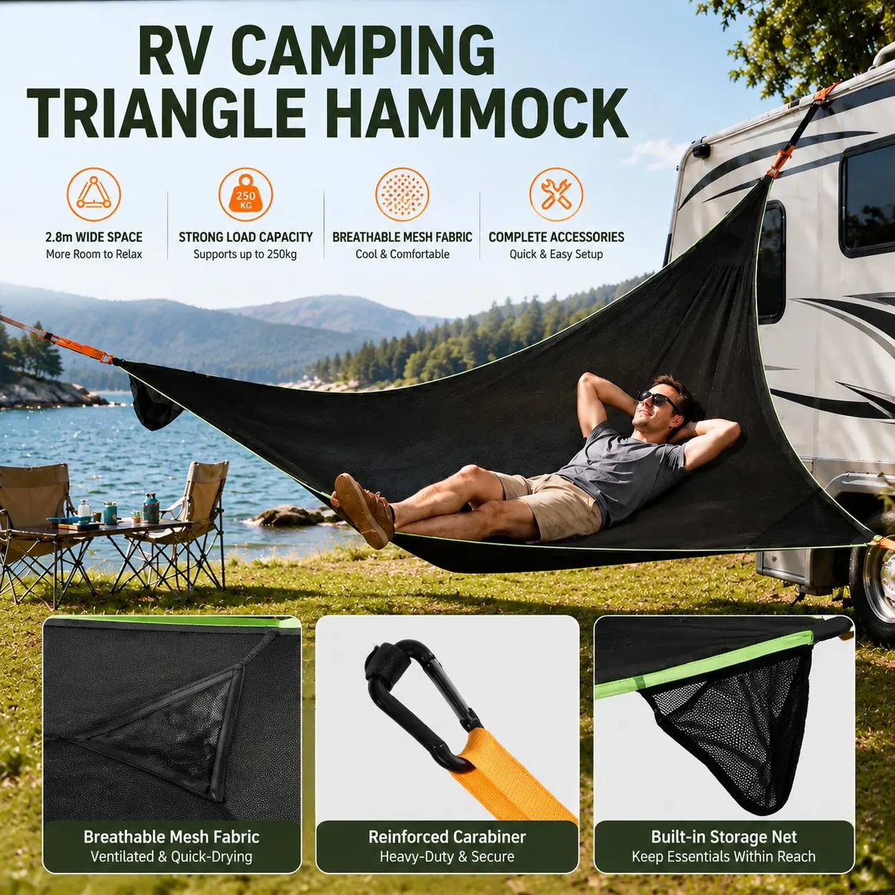 Outdoor RV Camping Triangle Hammock, Dual Person Outdoor Hammock, Multi-Functional Outdoor Hammock, Swing Bed for Hiking & Picnics