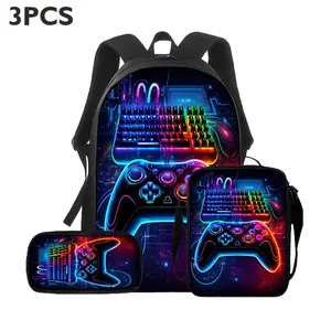RGB Gaming Setup 3-Piece Backpack Set, Keyboard Mouse Controller School Bookbag with Lunch Bag and Pencil Case, Neon Tech Backpack for Boys Girls Teens, School Travel Book Bag Gift Idea