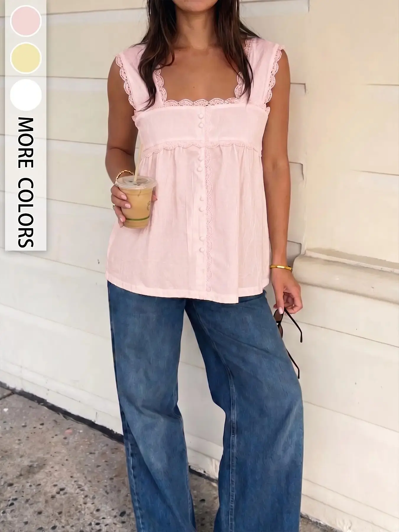 French Square Neck Lace Trim Sleeveless Top for Women, Front Button Babydoll Shirt, Loose Strap Backless Summer Casual Blouse