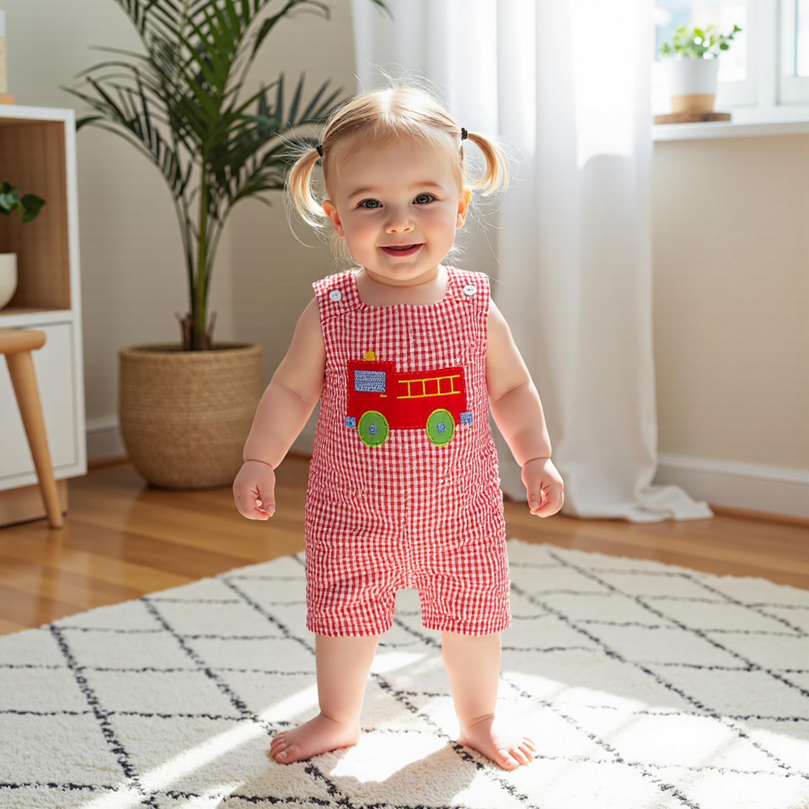 Toddler Baby Plaid Overalls Romper Truck/Dog Embroidered Square Neck Sleeveless Bodysuit Cute Summer Clothes