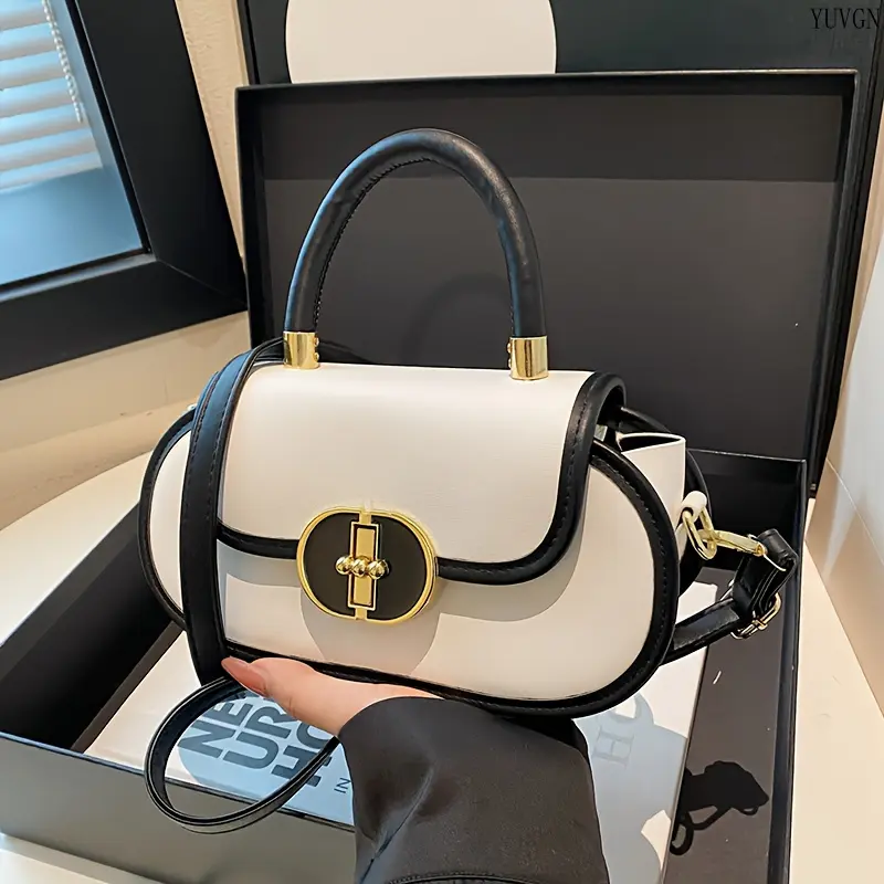 Elegant Two-Tone Mini Square Crossbody Bag, Premium Hardware Multi-purpose Casual Shoulder Purse for Women Daily Wear