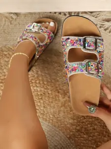 Women's Bling Sequin Sandals, Summer Beach Slippers, Anti-Slip Soft Sole, Fashionable PU Upper, Twin Buckle Design, Trendy Footwear