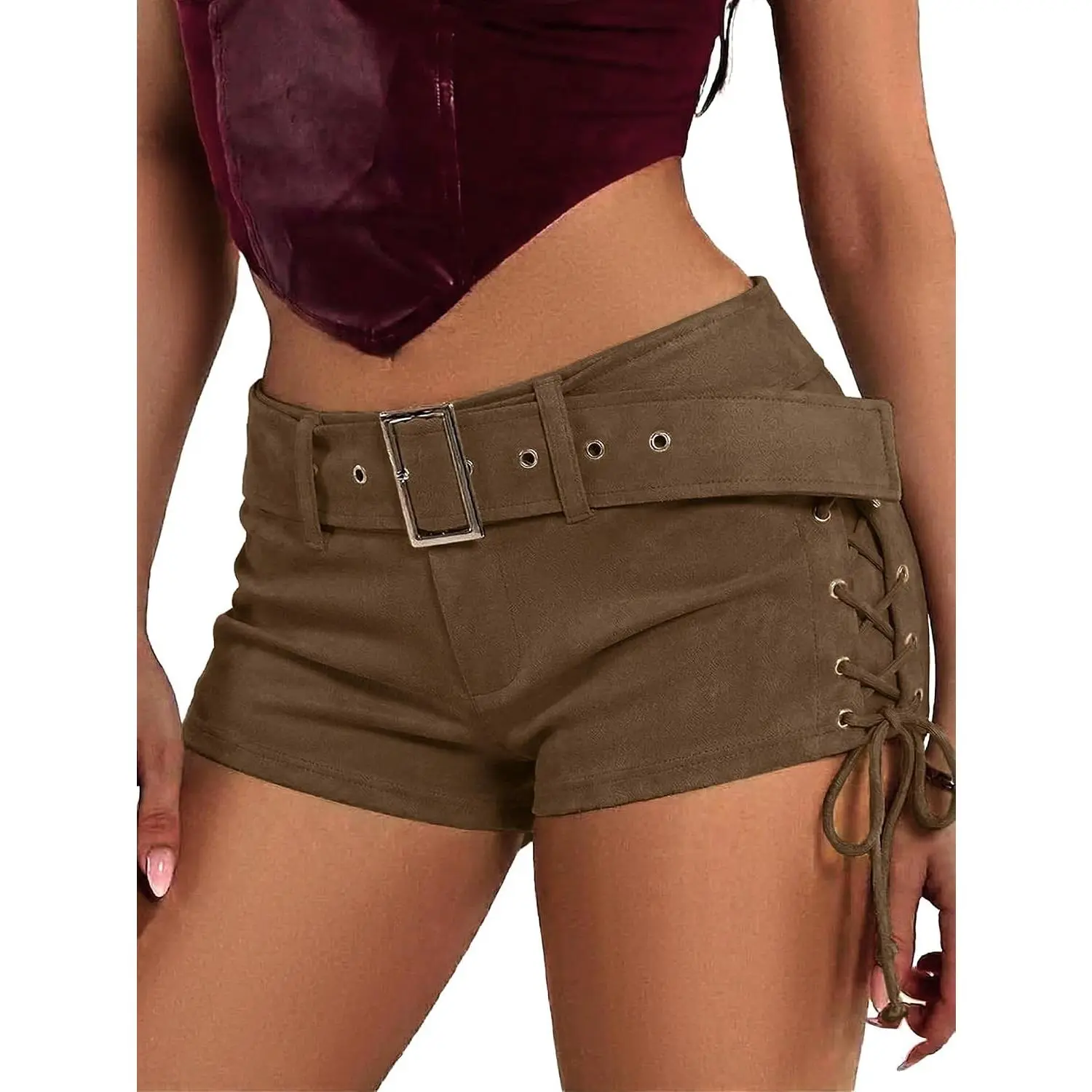 Women's Faux Leather Micro Shorts Lace Up Side Low Waist Buckle Belt Y2k Sexy Skinny Suede Mini Shorts