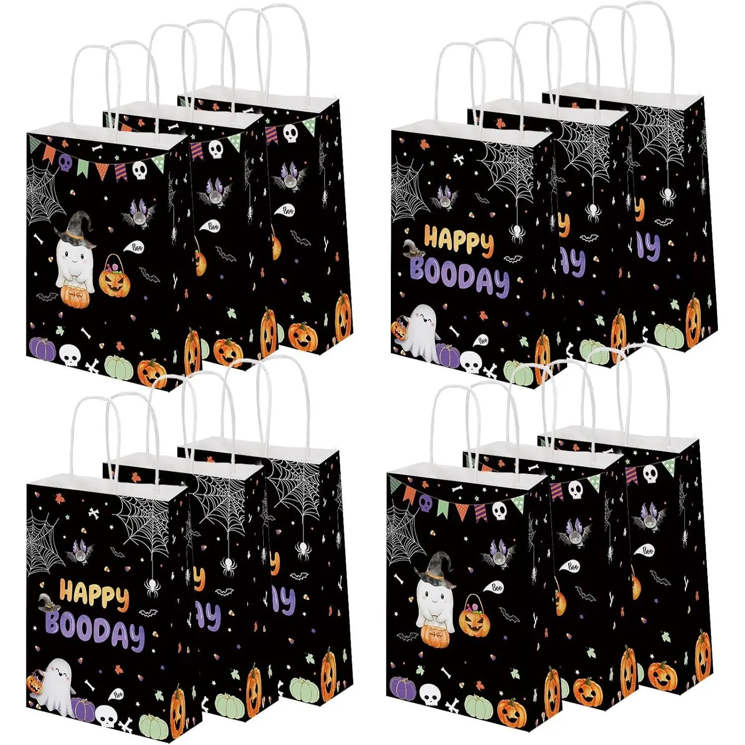 Halloween Happy Booday Party  Bags, Little Boo Theme Goodie Bags with Handles,  Pumpkin Black Candy Bags, Goodie Present Bags for  Halloween Birthday Party Favor 24 count