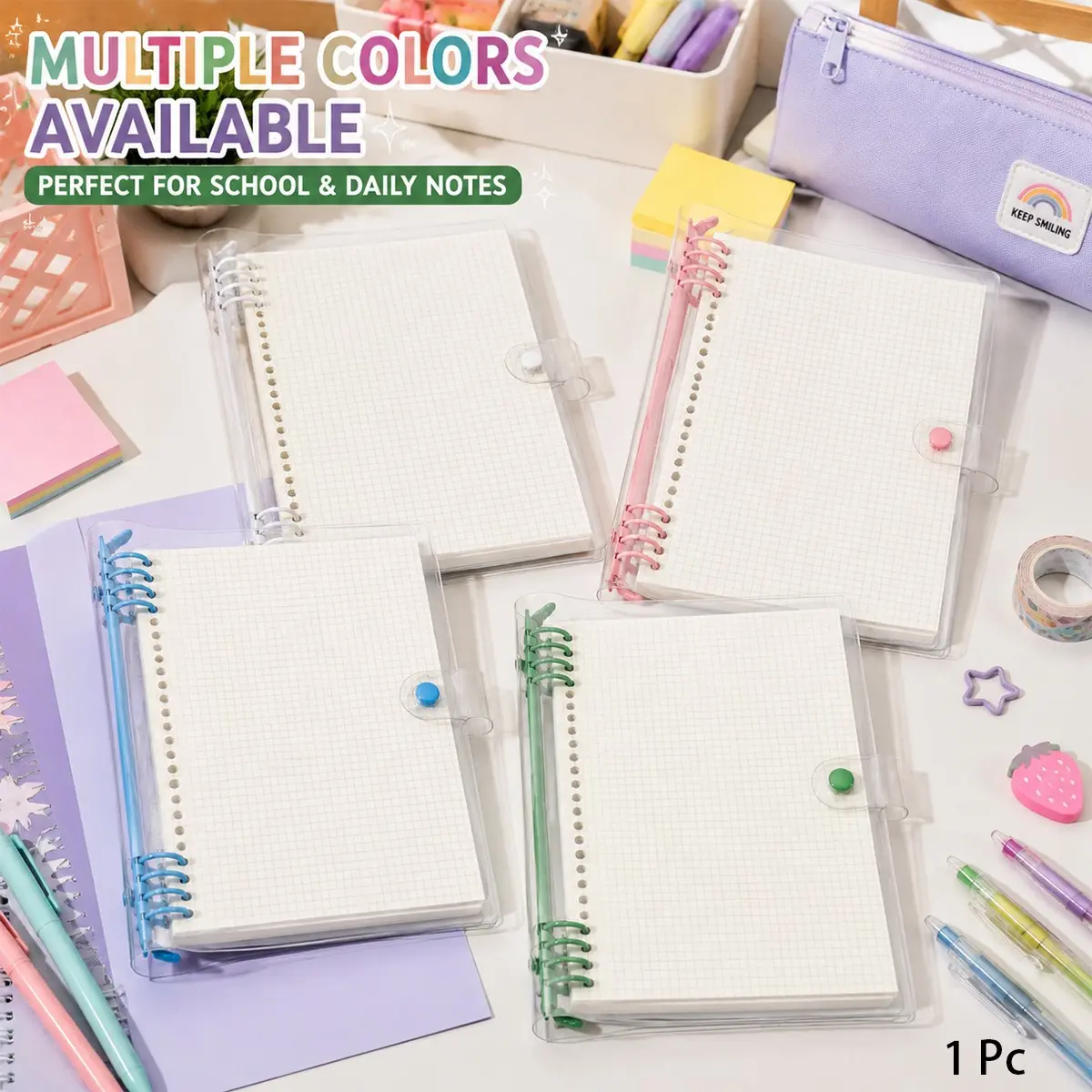 Refillable Binder Notebook with Grid Paper, Clear Cover Loose Leaf Journal with Colorful Clips, Hardcover Organizer, Study Planning, Office Writing, Creative Journaling, Journaling Notebooks, Stationery Supplies, Back to School Essentials