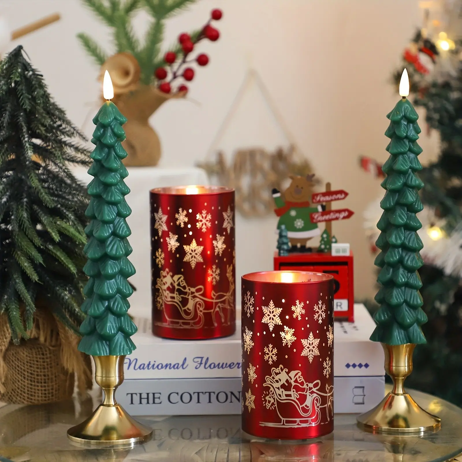 Christmas Flameless Candles with Remote, Battery Operated Flickering LED Candles Real Wax, Set Of 4 (9.5" Christmas Tree Green Taper & 5" Red Glass Snowy Pillar), Christmas Decorations, Christmas Tree Decor, Windowsill Decor Fireplace Decor