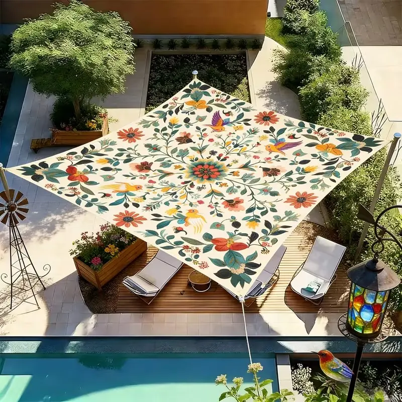Bohemian Floral Canopy, Lightweight Polyester, Easy Installation, All-Season Rectangular Shade Sail, Beach, Camping, Garden, Picnic, Outdoor Canopy