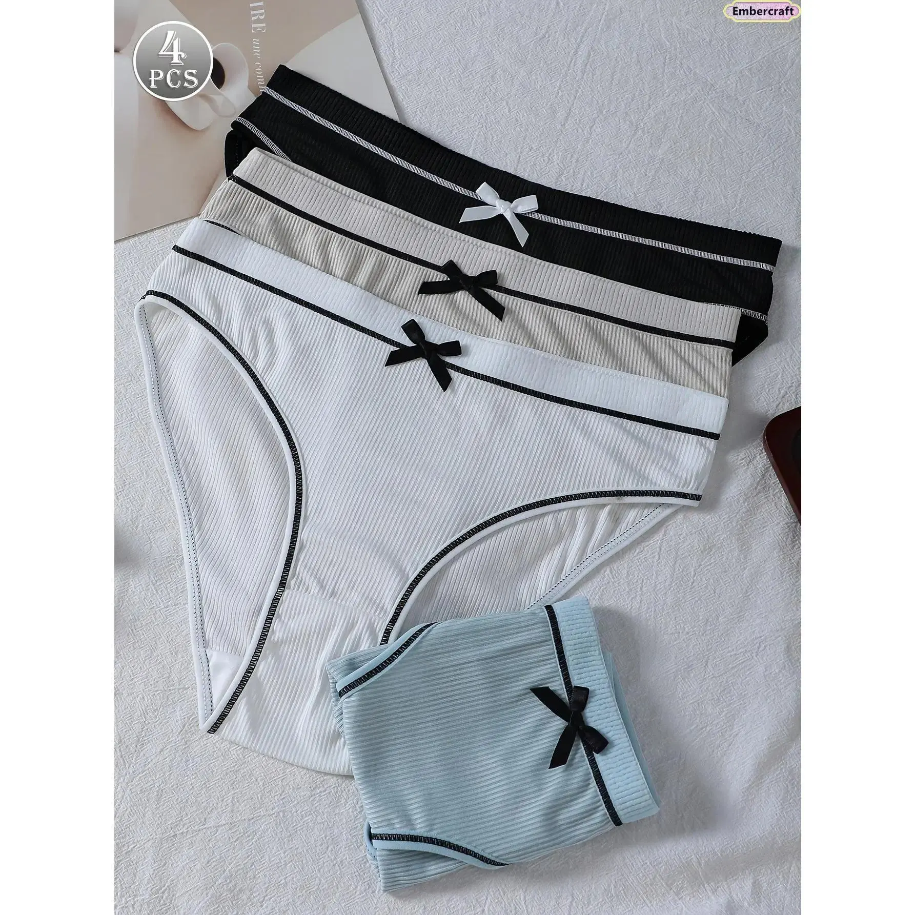 Women's 4-Pack Ribbed Briefs, Cute Striped Polyester Underwear with Bow Detail, Soft Knitted Low Rise Comfort Fit for Daily Wear, Stripes, Pieces, Bow Pattern, 4Pcs Multi-Color, Briefs Set, Everyday Wear, Machine Wash
