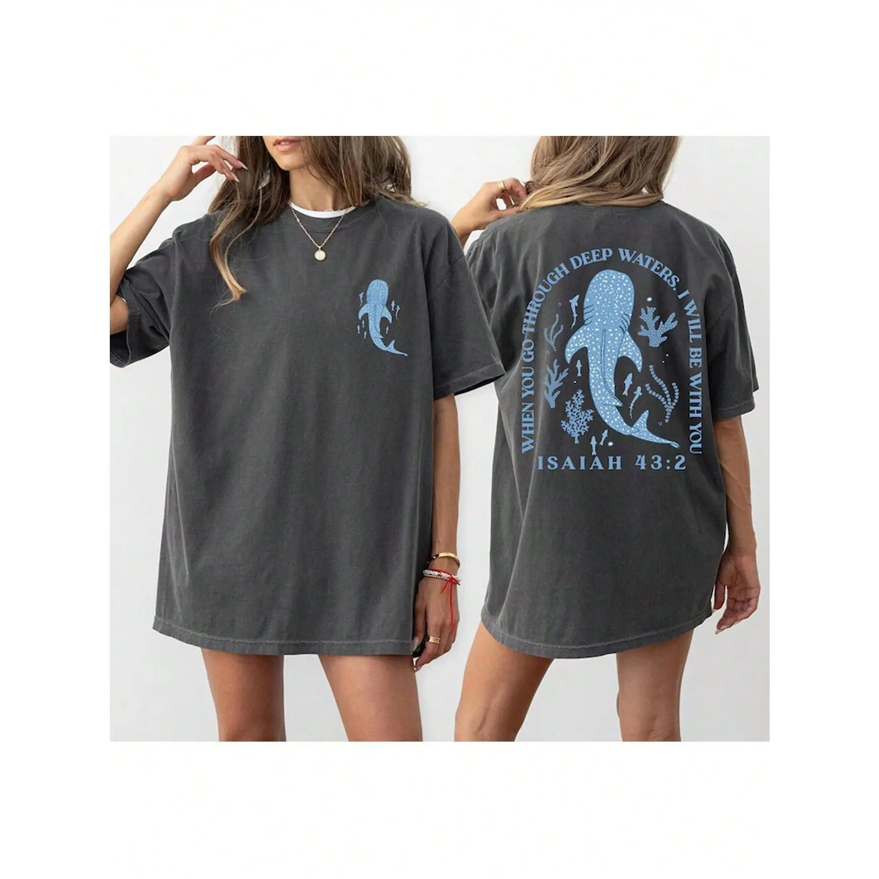 INAWLY Women Loose Fit Round Neck Whale Slogan Contrast Color Graphic T-Shirt