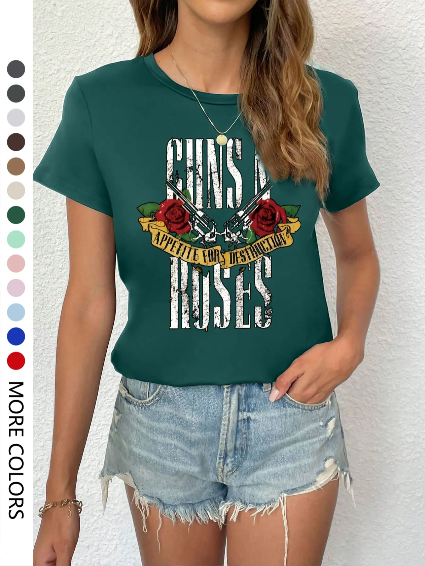 Women's Home Wear Gun and Rose Print Round Neck T-Shirt, Fashion Casual Short Sleeve Top, Ideal for Daily, Vacation, Outdoor, Fall Clothing
