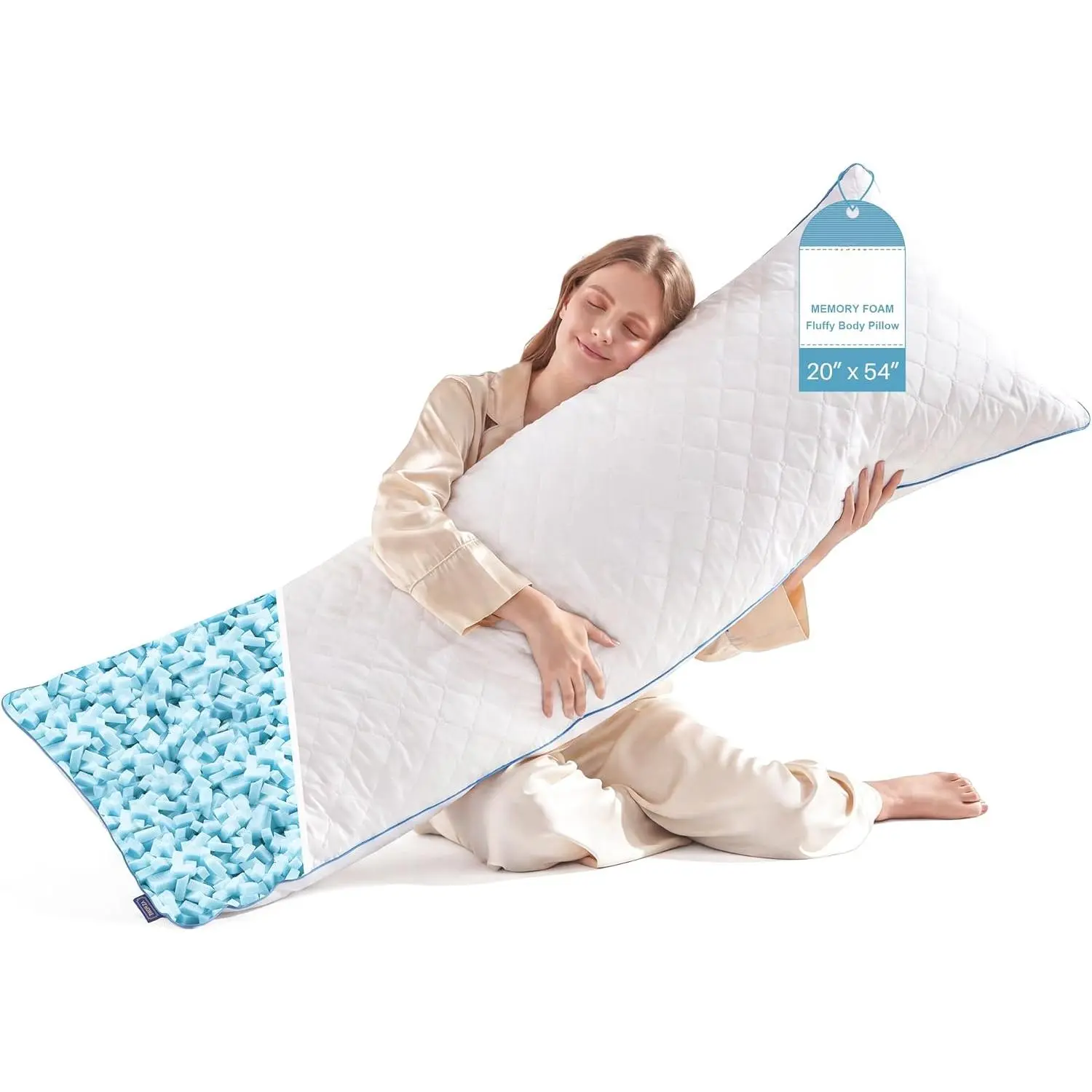 Long Body Pillow for Adults, Firm Body Pillow Shredded Memory Foam, Adjustable Height,Support for Side Sleeping & Pregnant Women(White, 20x54 Inch)