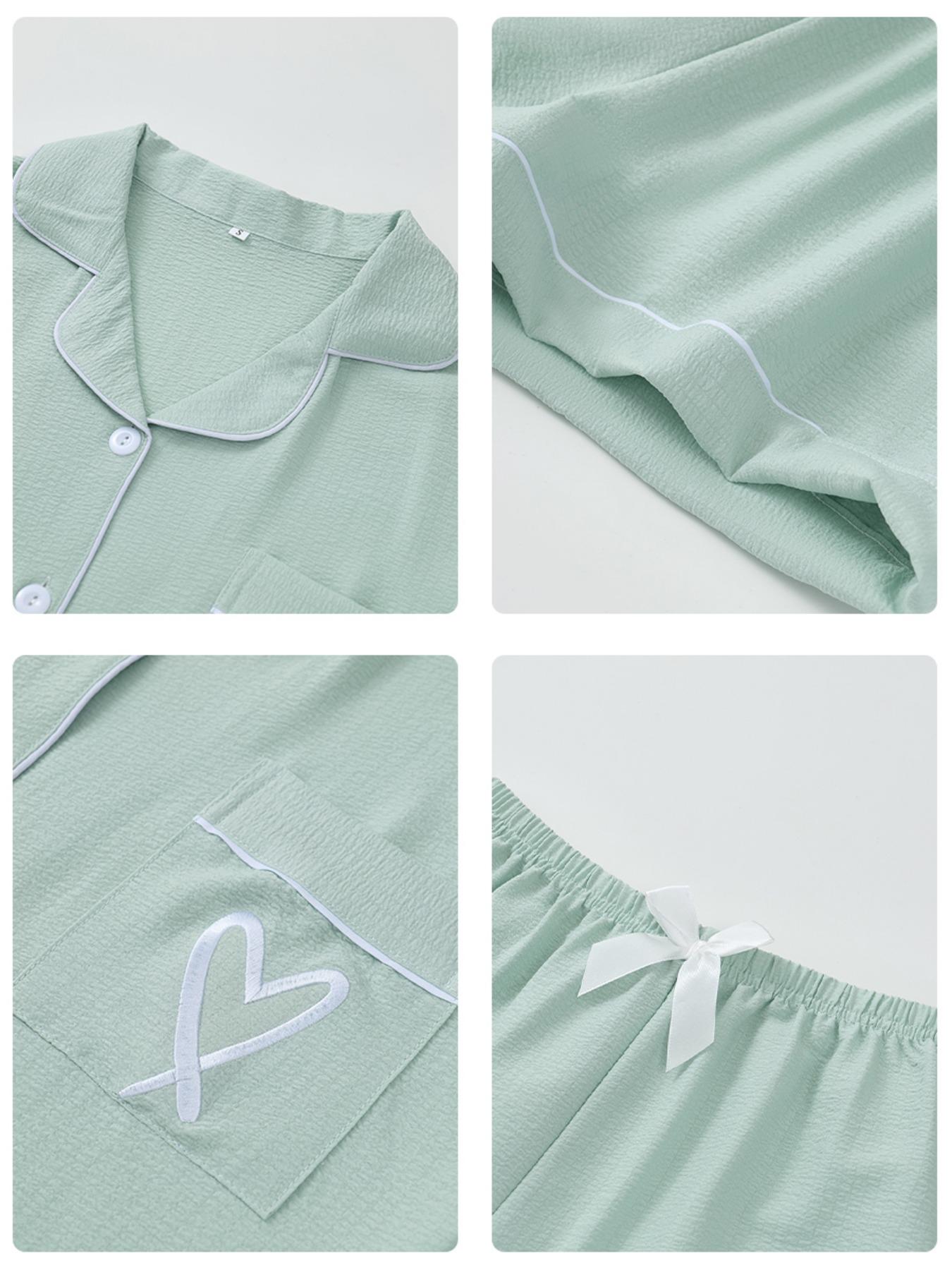 Women's Heart Embroidery Short Sleeve Top & Shorts Pyjama Set, Casual Comfy Pj Set for Women, Women's Sleepwear & for All Seasons, Pajama Set, Sleepwear Pajamas Set