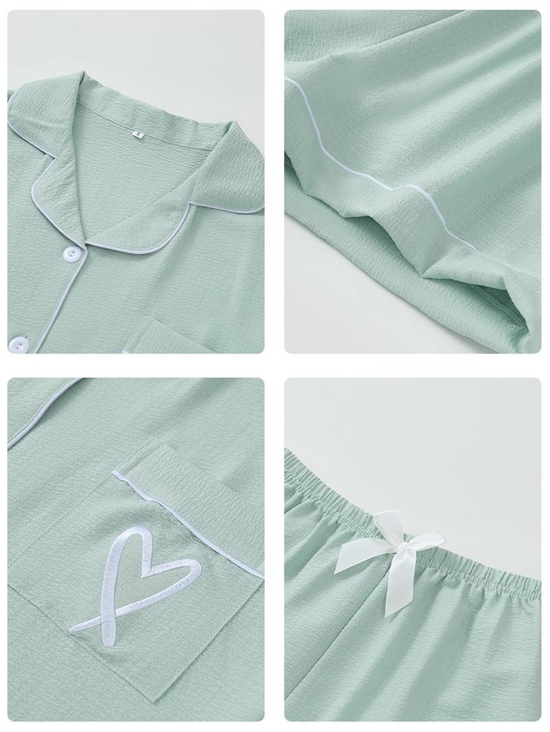 Women's Heart Embroidery Short Sleeve Top & Shorts Pyjama Set, Casual Comfy Pj Set for Women, Women's Sleepwear & for All Seasons, Pajama Set, Sleepwear Pajamas Set