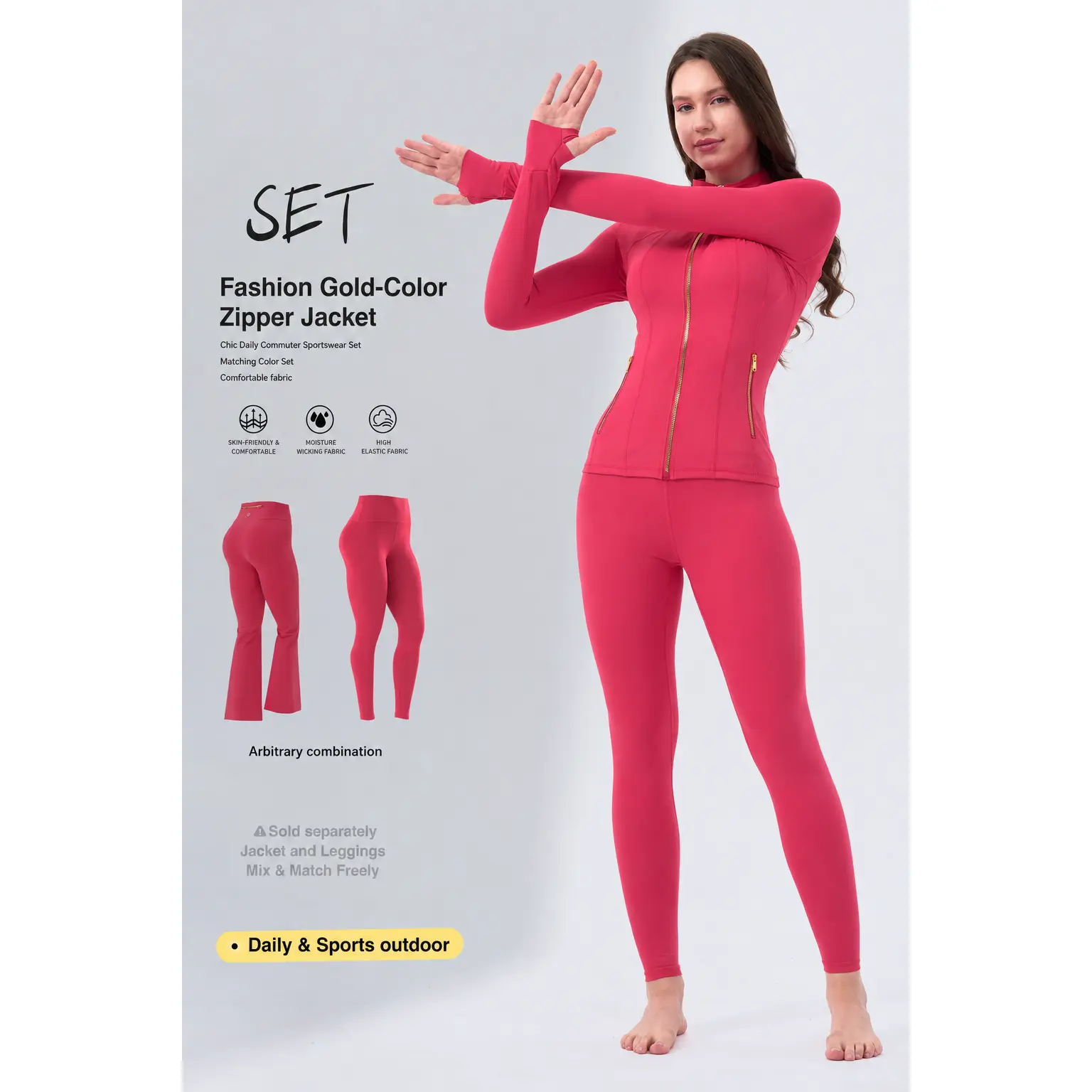 Women's 2-Piece Soft Brushed Sporty Set - Gold-Zipper Jacket with Pockets, 25'' Inseam Leggings with Thumbholes, Casual Wear for Gym, Travel