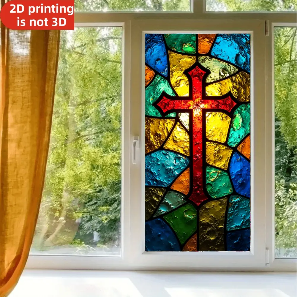 1pc, Stained Glass Style, Colorful Cross Pattern, Rectangular, Static Cling Window Sticker, Religious Christian Cross Design for Home Living Room Bedroom Bathroom Office Church Decor, Protection Privacy Film Non Adhesive Removable