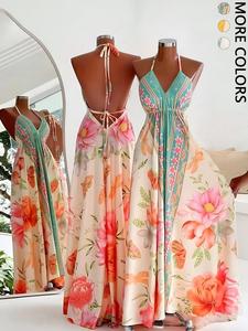 1 Spring Summer Backless Halter Maxi Dress Women | Floral Print Tie Back Flowy Long Sundress | Boho Vacation Style for Beach Travel Honeymoon Wear Womenswear