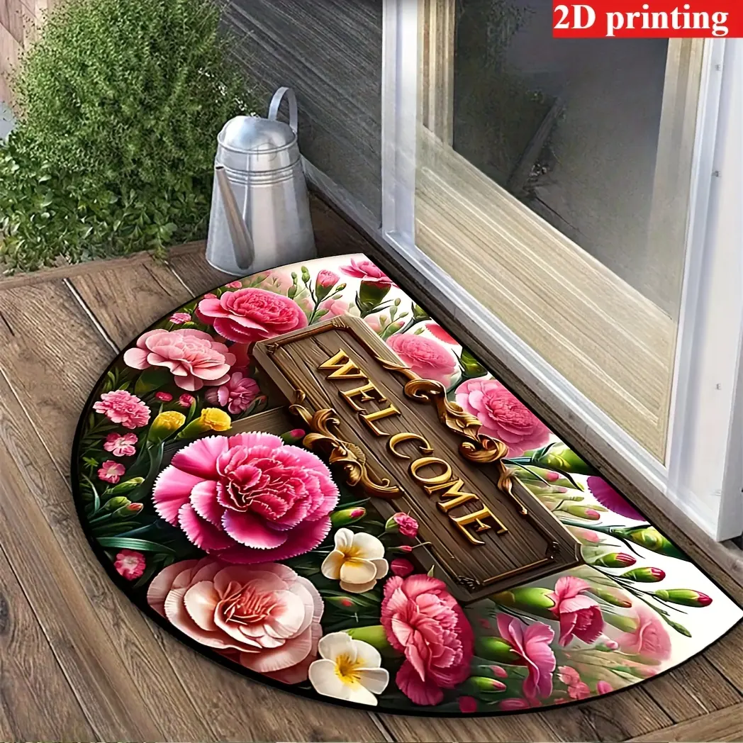 1-Piece Velvet Polyester Flower Print Welcome Theme Half-Circle Door Mat - Durable, Machine Washable, Non-Slip Bottom - Ideal for Kitchens/Living Spaces - Stylish Home Decor Gift (19.68* 31.49Inch /50* 80Cm & Various Sizes), Floral