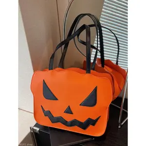 Women Pumpkin Ghost Face Crossbody Bag Halloween Orange Black Contrast Shoulder Bag Structured PU Leather Style Adjustable Strap Zipper Closure Casual Streetwear Party Costume Y2K Aesthetic TikTok Spooky Season Cute Aesthetic Commuter Bag Crossbody Purse
